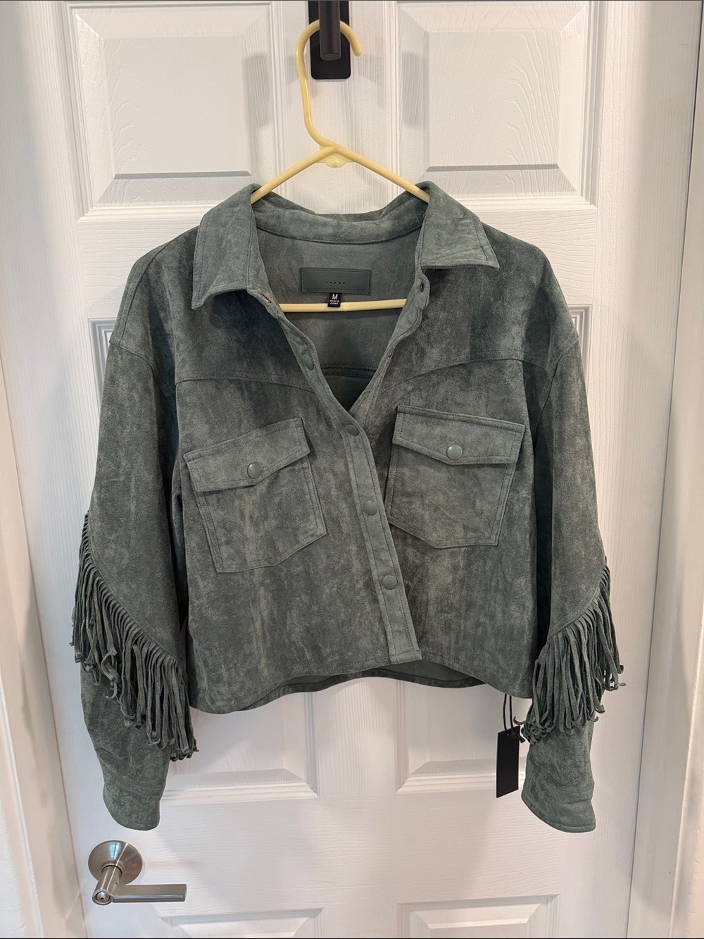 Blank NYC Slate Green Suede Fringe Crop Jacket